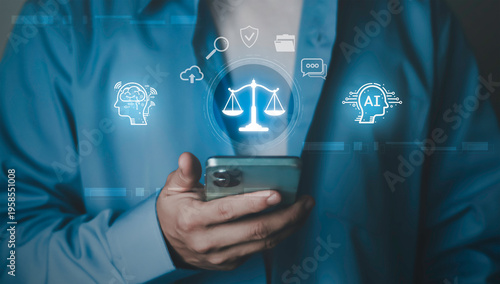 Bild auf Leinwand Ethical concepts of AI, digital law compliance, data protection, and responsible technology governance between humans and AI