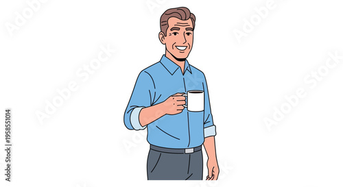 A smiling man in a light blue shirt holds a white mug exhibiting a distinct flat silhouette high quality professional detailed