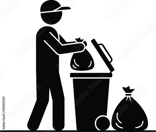 Garbage collector silhouette icon, sanitation worker throwing trash bag into bin, waste management worker and refuse container vector