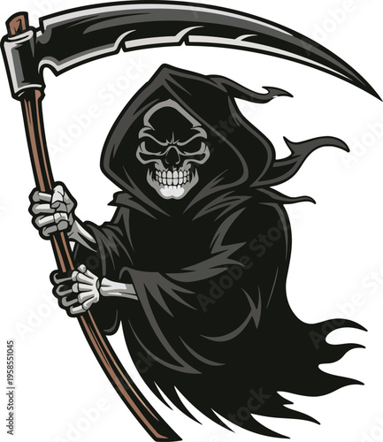 Grim Reaper Mascot - Dark Skeleton Angel of Death Holding Scythe Vector Illustration