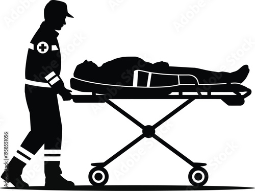 Paramedic stretcher silhouette illustration, emergency medical services team transporting injured patient for rescue, ambulance care, and healthcare response concept.