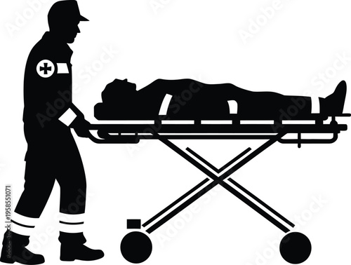 Emergency stretcher silhouette illustration, paramedic team carrying injured person for medical services, rescue response, and ambulance care concept.