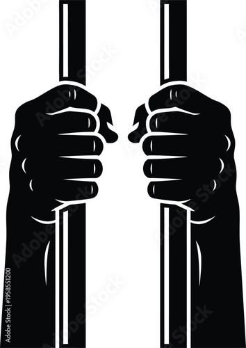 Prisoner hands gripping jail bars vector, black silhouette of hands behind prison cell bars, criminal justice and incarceration concept illustration