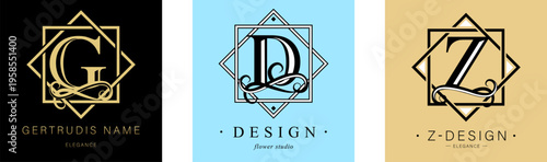 Logo G, D, capital letter Z. Monogram of Botanical in two squares. with Organic Plant Elements. Vector design.