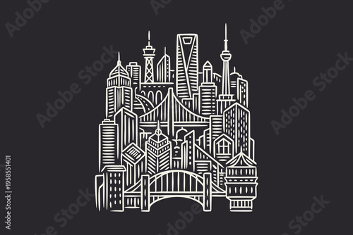 Stylized Urban Cityscape Line Art Illustration