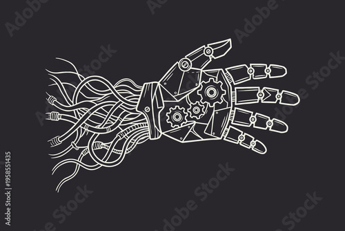 Robotic Hand Illustration with Gears and Wires in Line Art Style