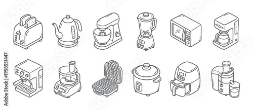 Isometric line art illustration of various modern kitchen appliances.