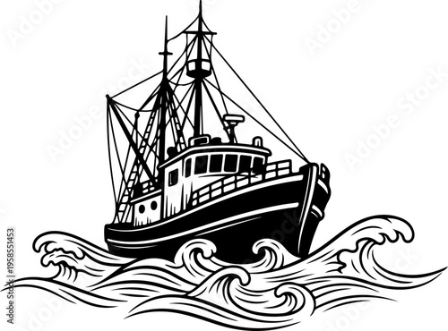 Ocean fishing boat silhouette vector illustration