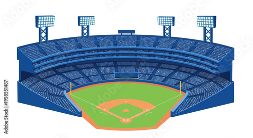 Vast Blue Baseball Stadium with Green Field and Bright Lights