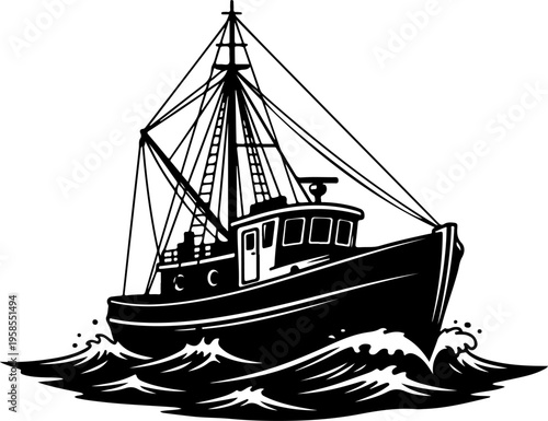 Ocean fishing boat silhouette vector illustration