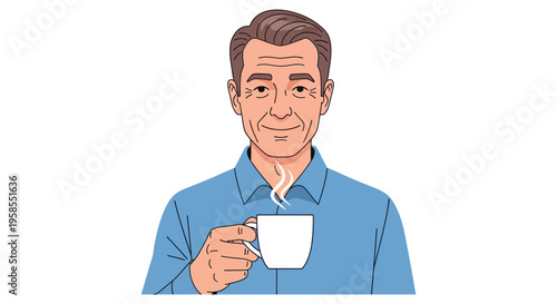 A cheerful older man enjoys a warm beverage depicted in a simplified illustrative silhouette high quality professional detailed modern elegant stylish