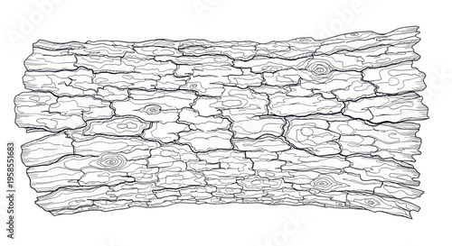 Detailed black and white illustration of rough tree bark texture