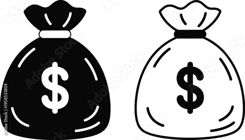 Black and white money bag icons, dollar sign, finance symbol, currency illustration, banking concept