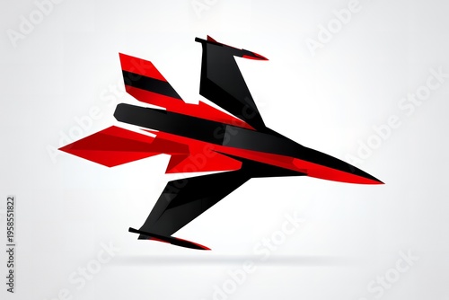 A sleek and futuristic fighter jet with a predominantly black and red color scheme soaring through the air with its wings angled for high speed maneuverability