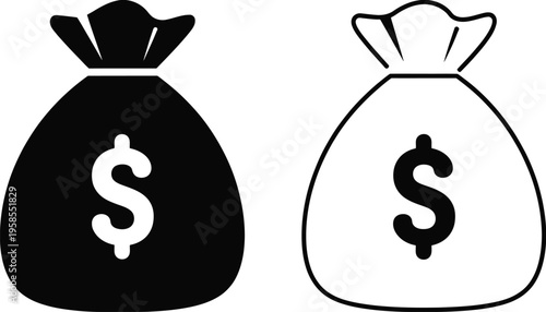 Black and white money bag icons, dollar sign, finance symbol, currency illustration, banking concept