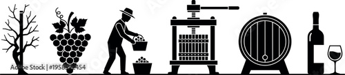 Black Silhouette Vector Set Illustrating Winemaking Process Including Grape Vines, Harvester Man, Fruit Press, Oak Barrel, Wine Bottle, and Glass