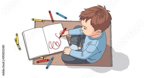 A young boy engrossed in drawing with colorful crayons on a white page a charming illustration silhouette high quality professional detailed
