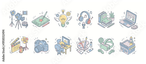 A collection of isometric icons representing various creative professions.