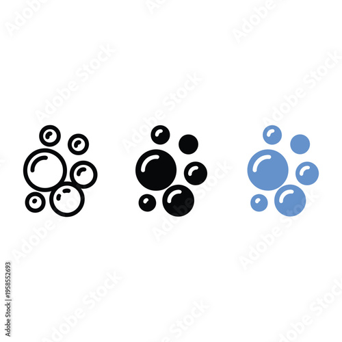 Soap bubbles icon. Foam bubble symbol. Sparkling water vector illustration. Fizzy soda drops sign. Oxygen sphere pictogram. Clean wash suds concept. Blue blowing bubbles icon set.