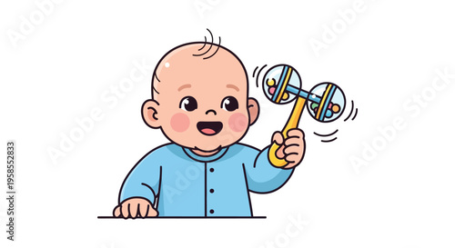 A cheerful baby boy with rosy cheeks happily clutches a colorful rattle toy presented as a silhouette high quality professional detailed