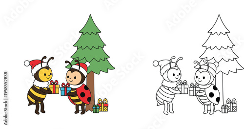 Christmas Bee and Ladybug Exchanging Gifts by a Tree - Coloring Page
