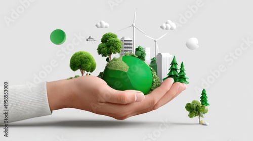 Eco-conscious Harmony: A hand cradles a miniature green world, symbolizing environmental consciousness, sustainable living, and the collective responsibility to protect the planet.
