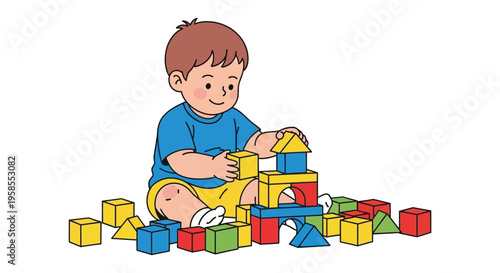 A young boy is happily playing with colorful building blocks on a white background a charming silhouette high quality professional detailed