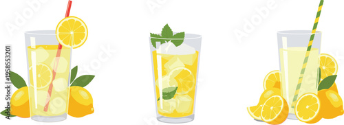 Lemonade drink illustration set featuring fresh lemons, iced citrus beverages, mint leaves, and refreshing summer drinks in bright flat vector style
