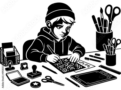 Young inventor arranging electronic parts on STEM workbench