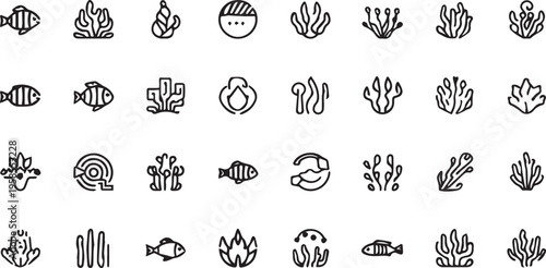Underwater Sea Plants Coral Reef and Marine Life Line Icon Set