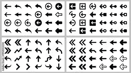 Collection of arrow vector icon sets with multiple styles including curved straight circular navigation and directional arrows isolated on white background for UI and interface design
