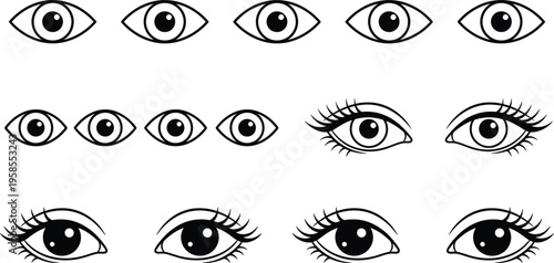Collection of eye vector illustrations in various styles including simple outline cartoon expressive female eyes with eyelashes and different shapes isolated on white background
