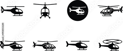Collection of helicopter vector icons in multiple styles and perspectives including side front flying and spotlight variations isolated on white background for aviation design use