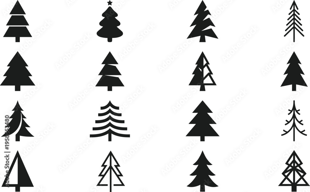 Obraz premium Collection of Christmas tree vector silhouettes featuring multiple styles including geometric minimal abstract and decorative pine trees isolated on white background for holiday design