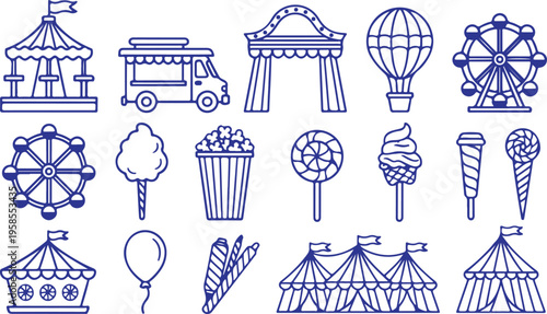 Colorful illustrations of carnival rides and treats