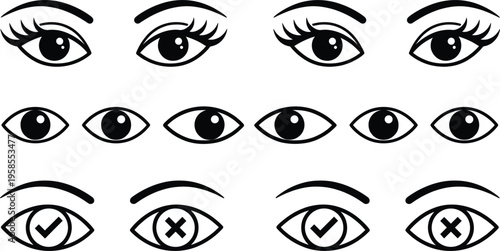 Eye vector icon set featuring female eyes with eyelashes simple outline eyes and approval rejection symbols with check and cross isolated on white background