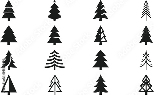 Collection of Christmas tree vector silhouettes featuring multiple styles including geometric minimal abstract and decorative pine trees isolated on white background for holiday design
