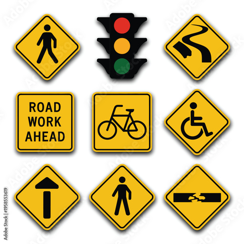 Road warning signs illustration set, pedestrian, traffic light, curve, bicycle, road work, merge, and disabled access transportation symbols.