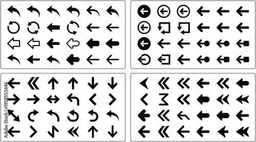 Set of arrow vector icons featuring multiple directions styles including curved straight circular navigation arrows and UI symbols isolated on white background for interface design