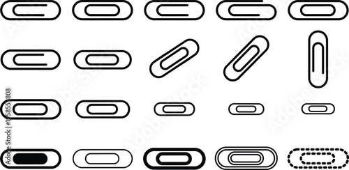 Paper clip vector icon set featuring different shapes sizes orientations and styles including outline solid and dashed variations isolated on white background for office design