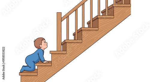 A young boy crawls upwards on wooden stairs looking ahead with determination a simple silhouette high quality professional detailed modern elegant