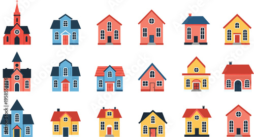 Set of colorful houses and buildings in flat style including homes, cottages, and church architecture isolated on white background vector illustration