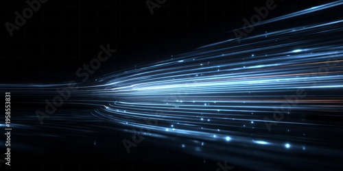 Bright blue energy streams rapidly move across a dark digital plane.