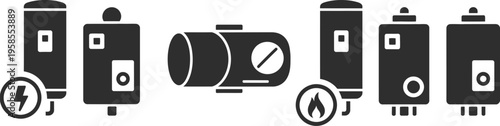 Boiler icons set, black on white background, heating system symbols