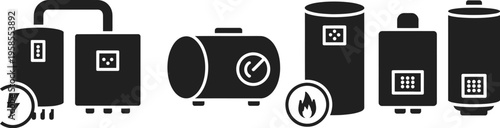 Boiler icons set, black on white background, heating system symbols
