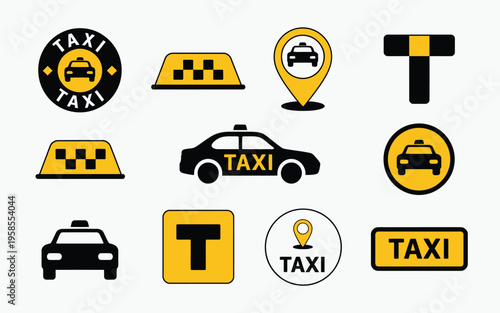 Taxi icon set illustration, yellow black cab symbols for transportation services, city travel, and ride service branding.