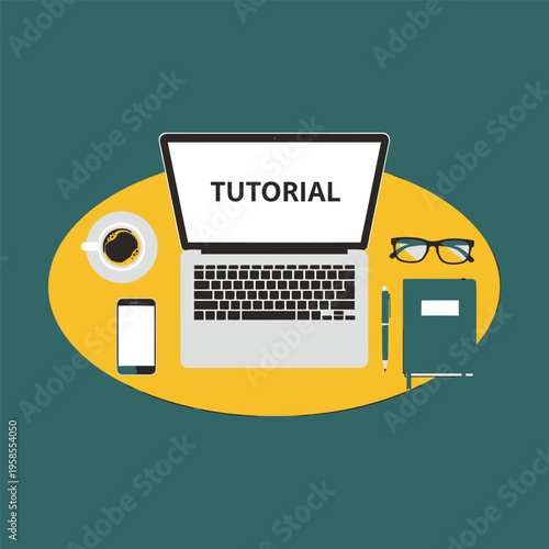 online learning setup vector illustration with laptop and accessories