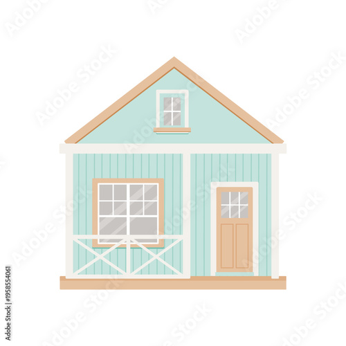 Cute beach house. Turquoise wooden coastal cottage with roof, porch railing, windows and door on white background. Flat vector illustration.