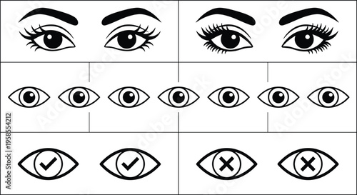 Set of eye vector icons including female eyes with eyebrows simple outline eyes and check mark cross symbol eyes isolated on white background for UI design