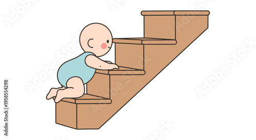 A charming illustration depicts a baby learning to climb wooden stairs showing determination and growth silhouette high quality professional detailed modern